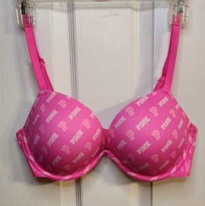 PINK Victoria's Secret 36C Super Push-Up Bra Hot Pink With Print